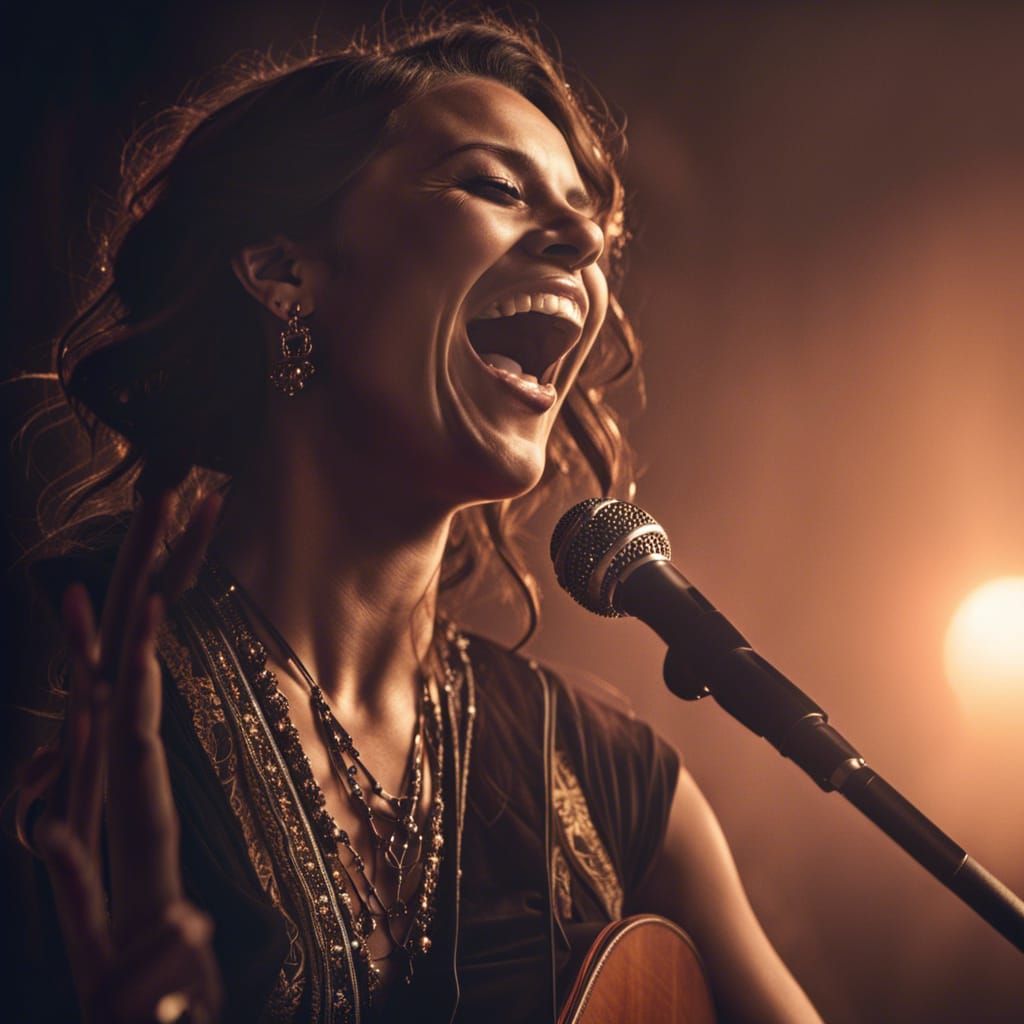 Boho Folk Singer on Stage in Smokey Lighting