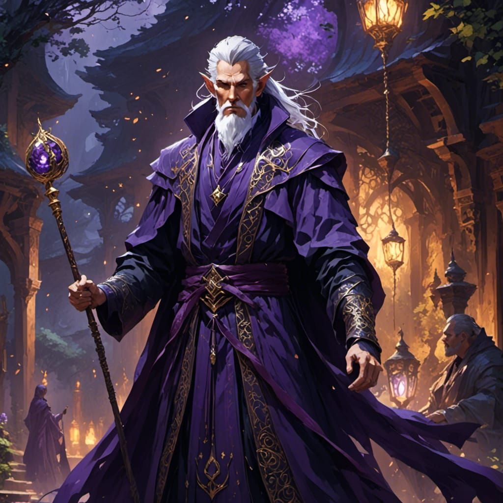 Elegant Elven Mage in Regal Purple Robes