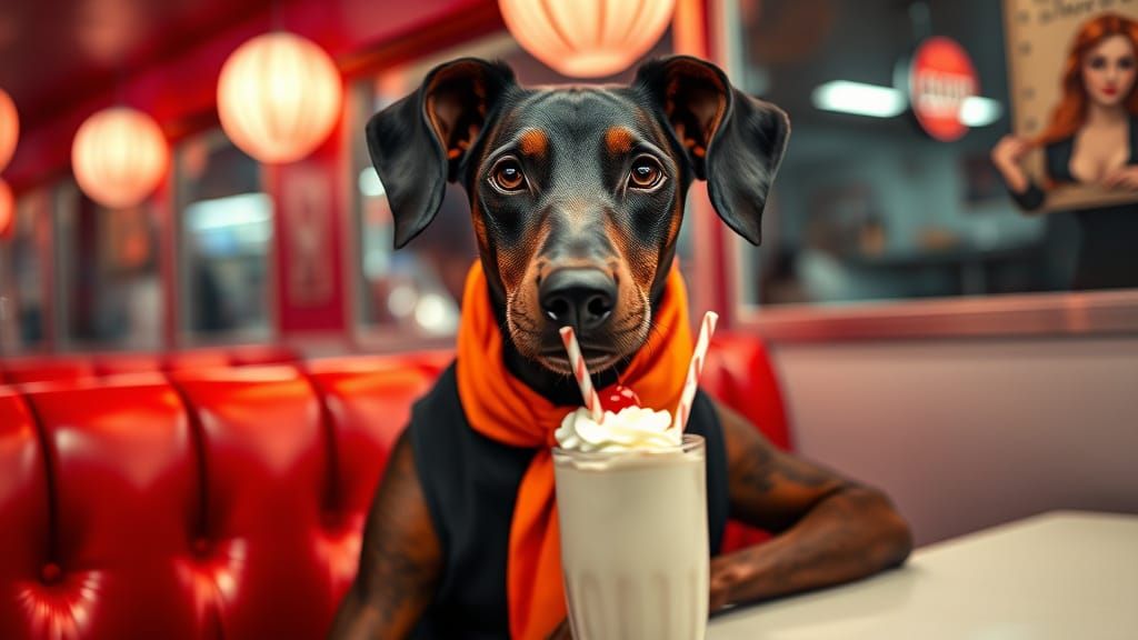 Vintage Glamour Doberman in a 1950s Diner