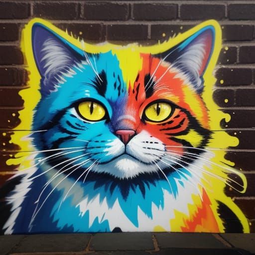 Vibrant Graffiti Baby Cat Portrait in High Contrast Oil Goua...