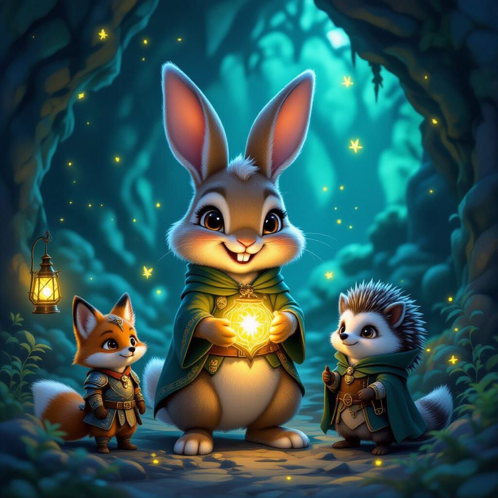 Magical Bunny and Forest Creatures Fantasy Scene