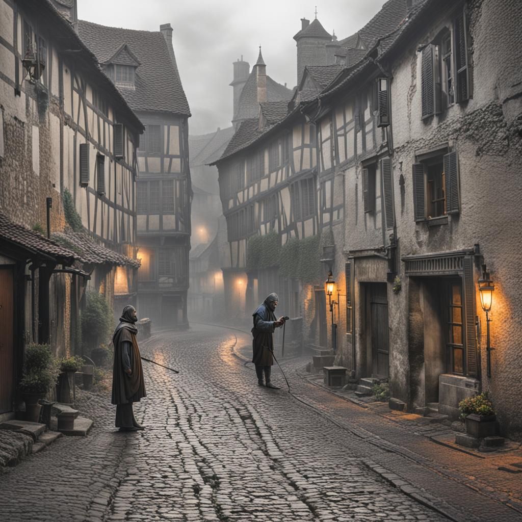 Un médecin de la peste de l'ère médiévale travaillant dans une rue sombre brumeuse sale auprès des nombreux malades de l...