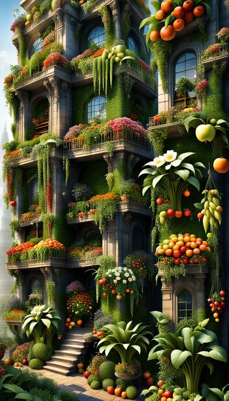 Fantasy Hanging Gardens of Babel with Fruits