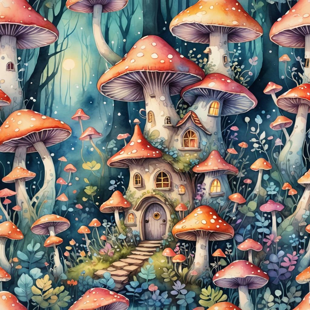 Enchanted Mushroom House in Bioluminescent Forest