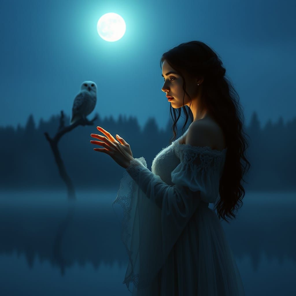 Enchantress, moon, lake, magic, snow owl
