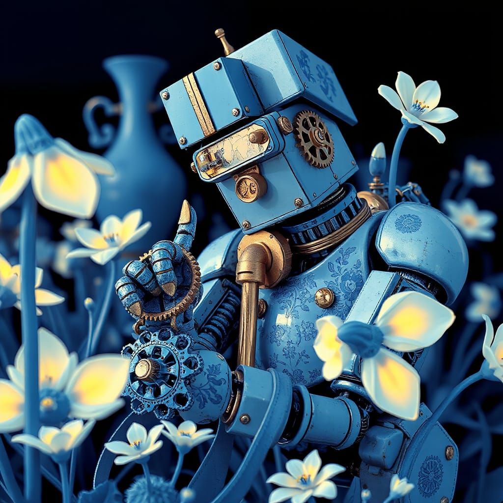 Steampunk Robot in Delftware Style Garden