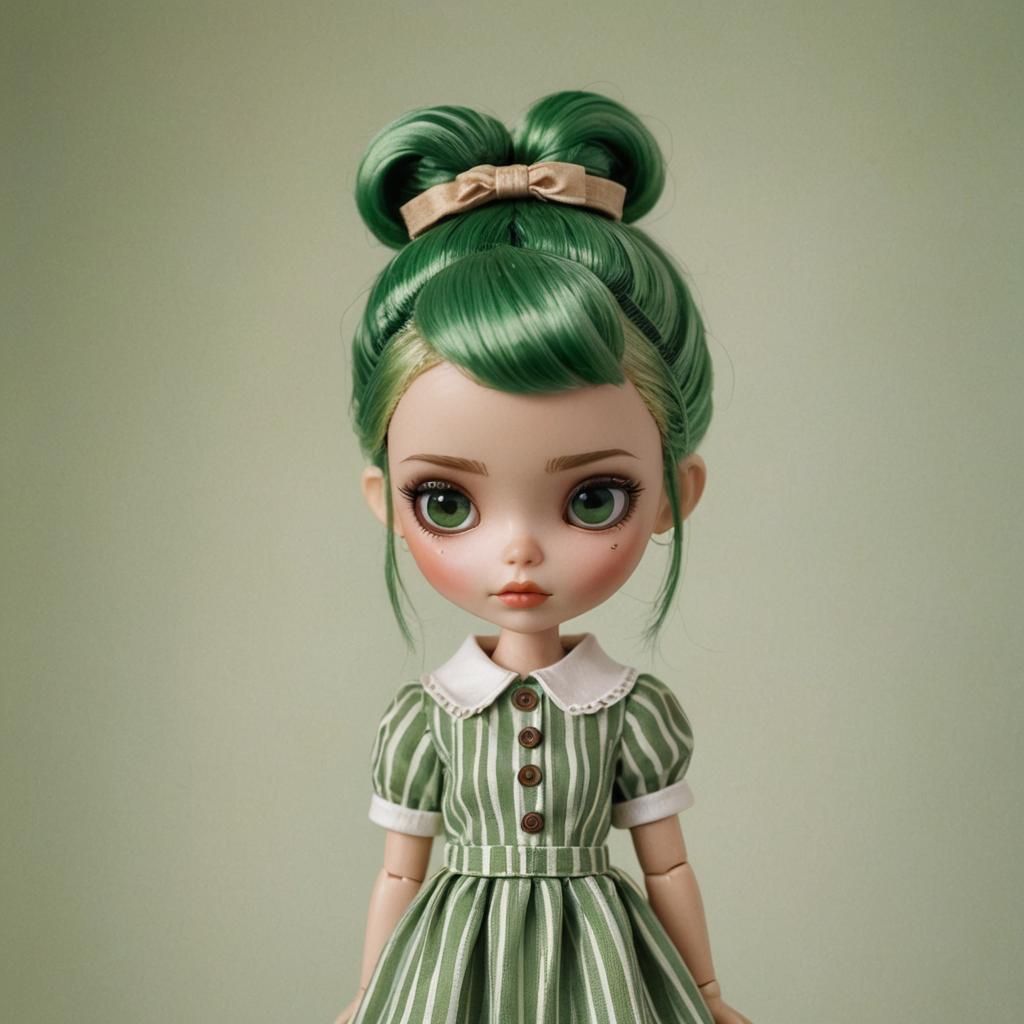 Hyper-Realistic Portrait of Blythe Doll with Green Hair