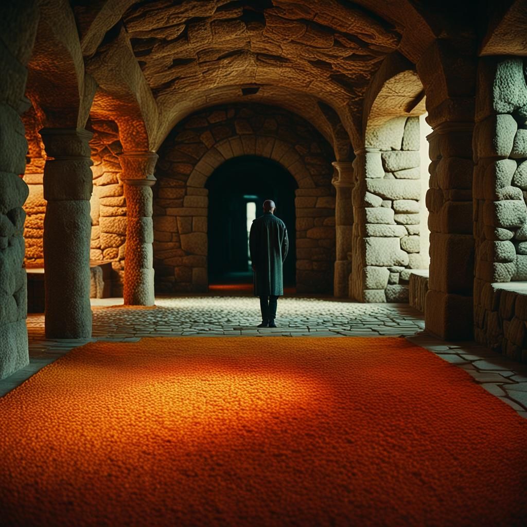 Cinematic Masterpiece: Warm Golden Lighting in a Stone Build...