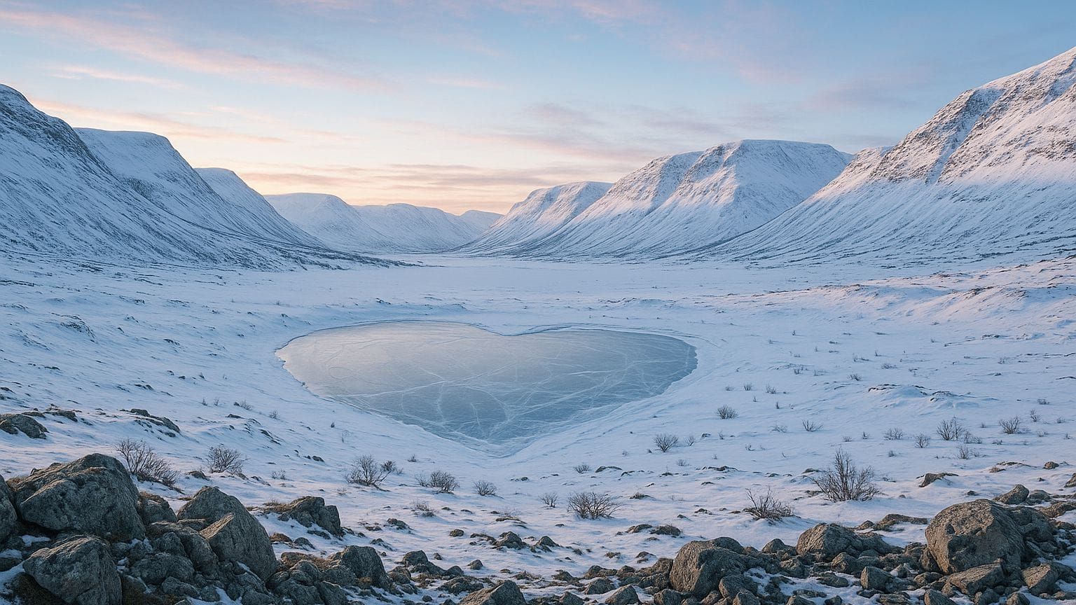 Arctic Tundra Sunrise Over Heart-Shaped Frozen Lake