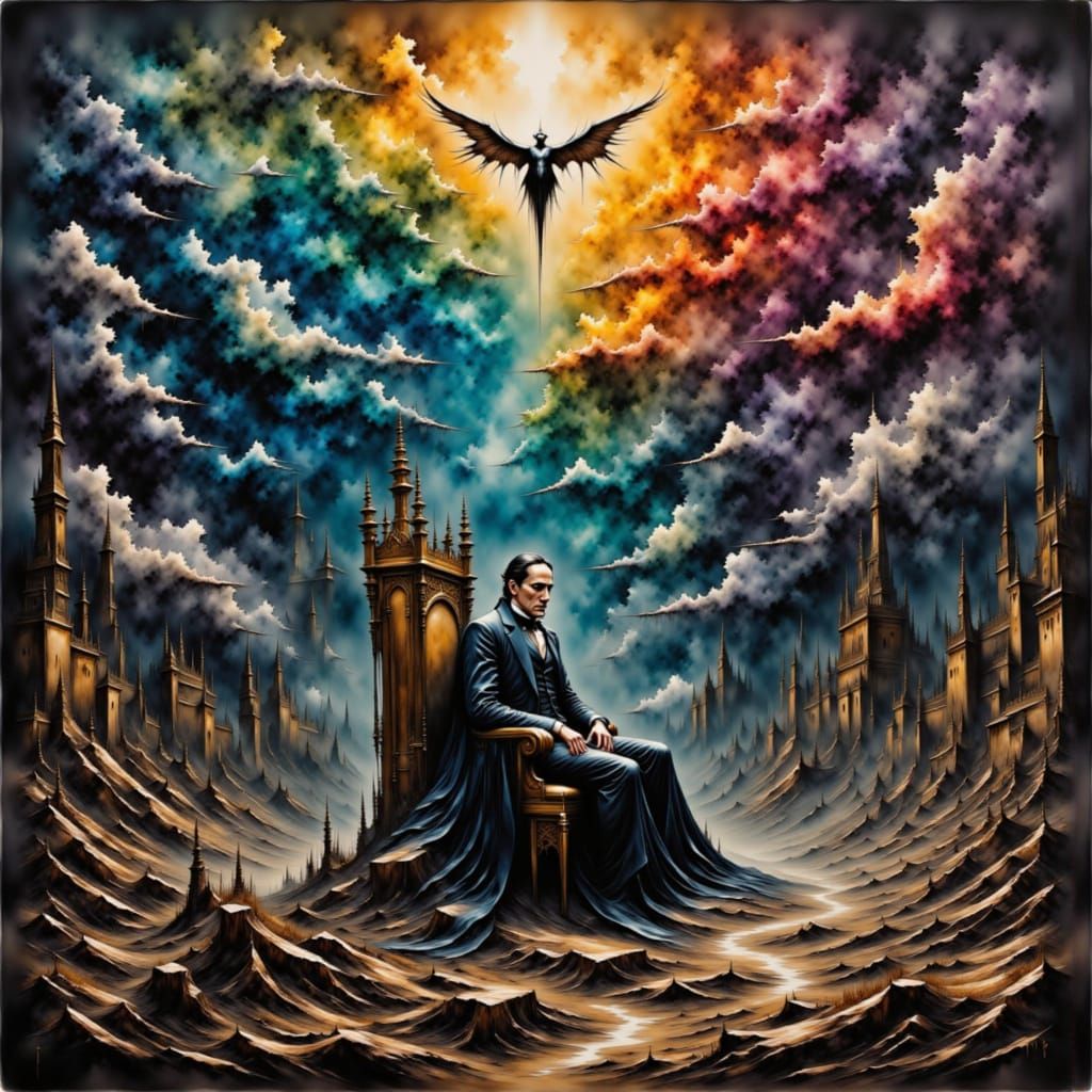 Avant guard picture of H.P. Lovecraft sitting on a throne in the clouds surrounded by his adoring creations as the light...