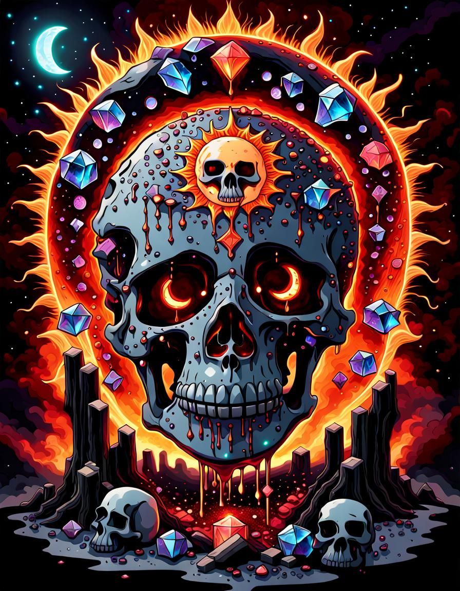 Glowing Skull Dripping Magma with Crystals and Runes