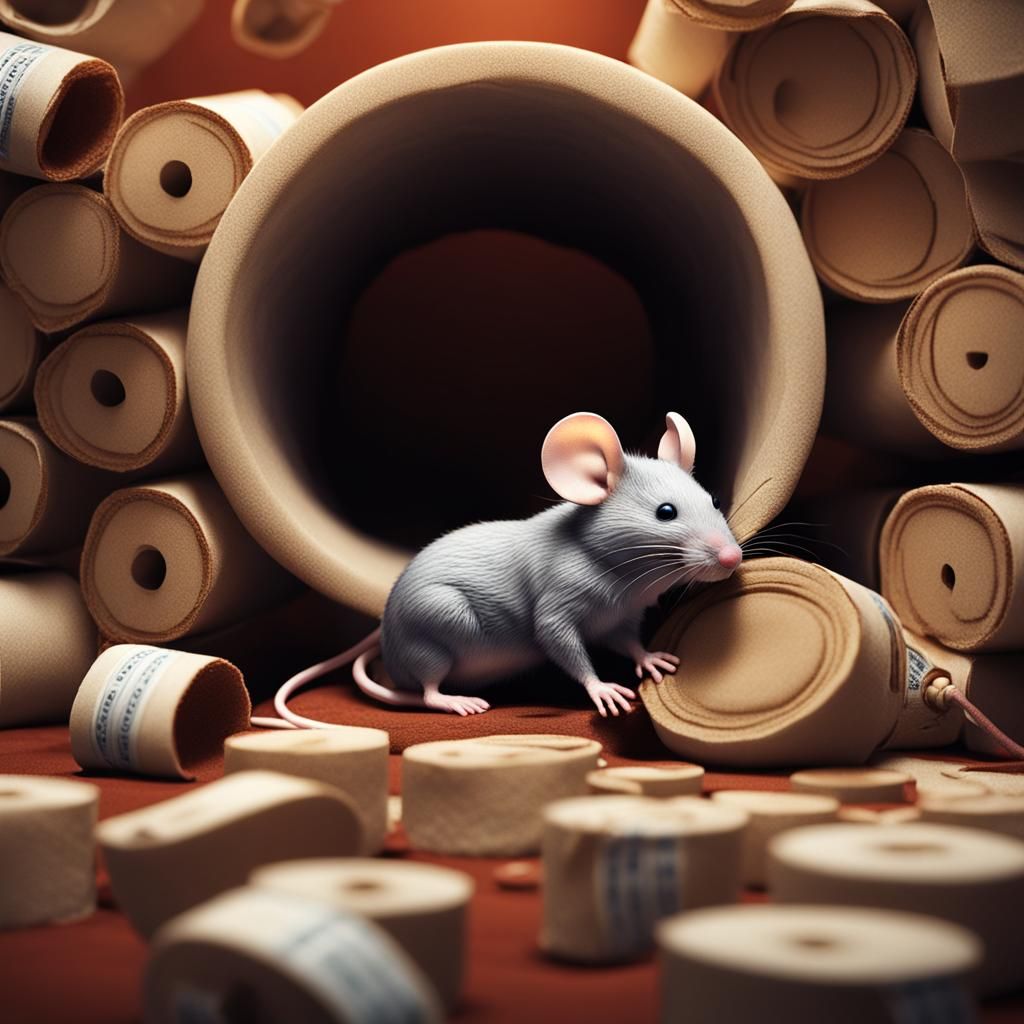 Mouse Sleeping in Toilet Paper Roll, Detailed Art