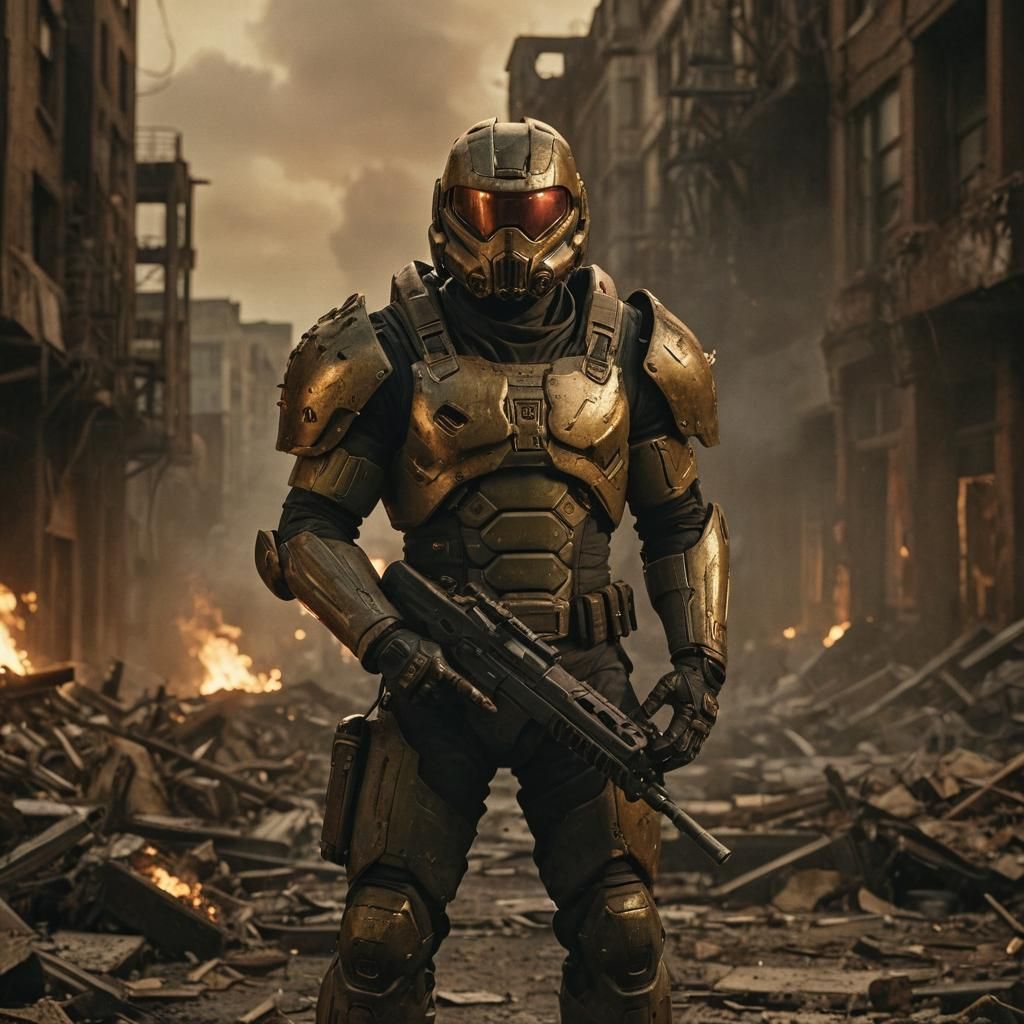 Doom Guy in Ruined Cityscape, Gritty Film Aesthetic