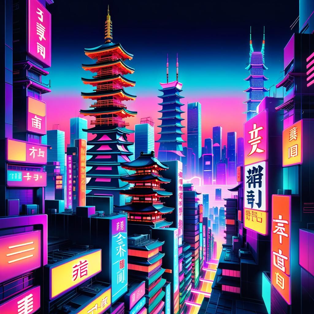 Futuristic Neon Japanese Cityscape in Cyberpunk Style