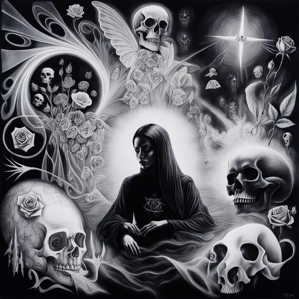 Surreal Crayon Drawing: Goth Woman in Darkness