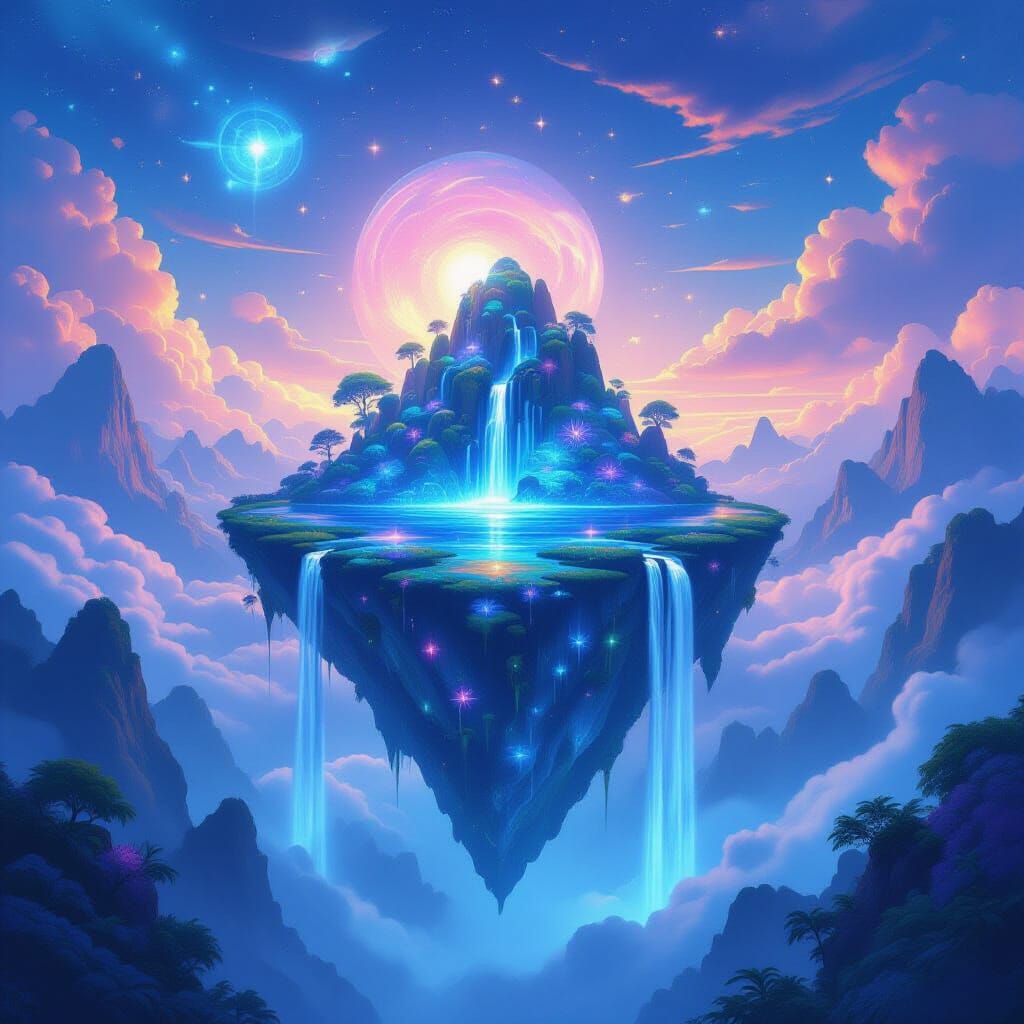 Surreal Floating Island With Upward Waterfalls
