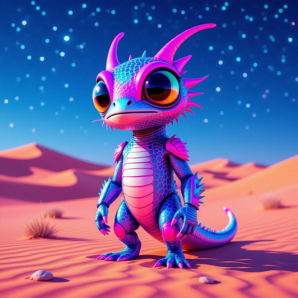 Neon Creature in Desert Landscape, Cyberpunk Style