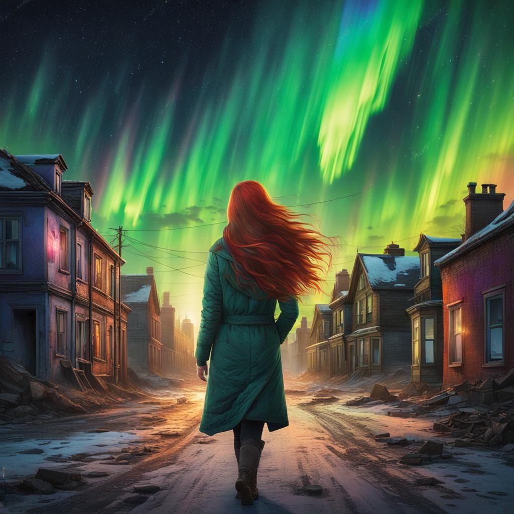 Woman Walks Through Deserted City Under Aurora Lights