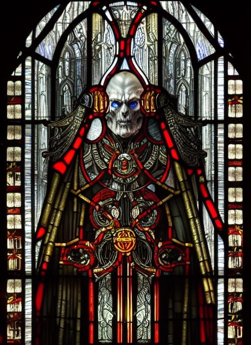 Warhammer 40K Tech-Priest Stained Glass in Gothic Horror Sty...
