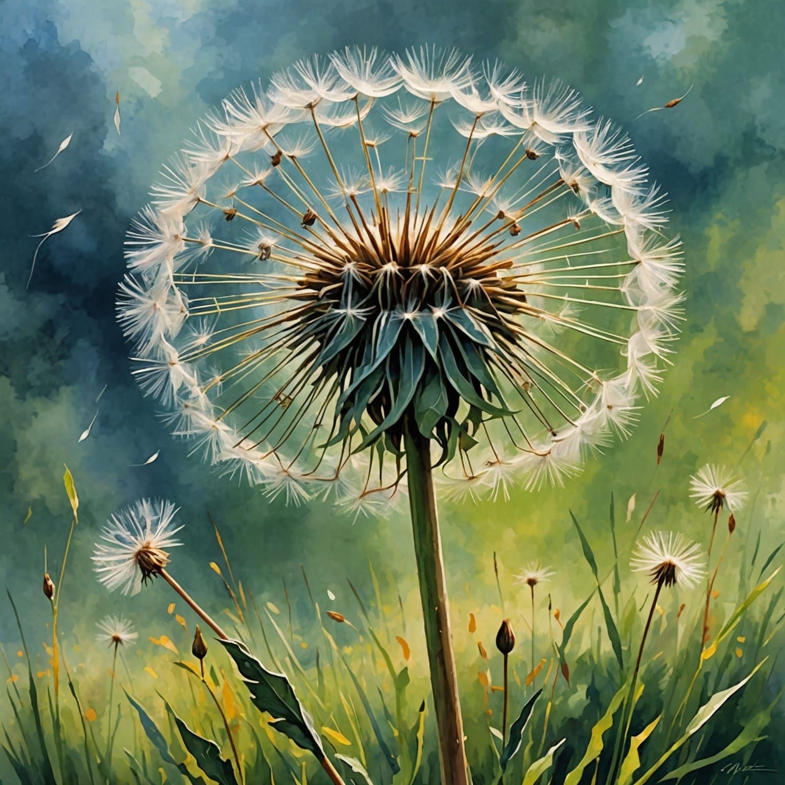 Dandelion Clock in Gouache and Watercolor Style