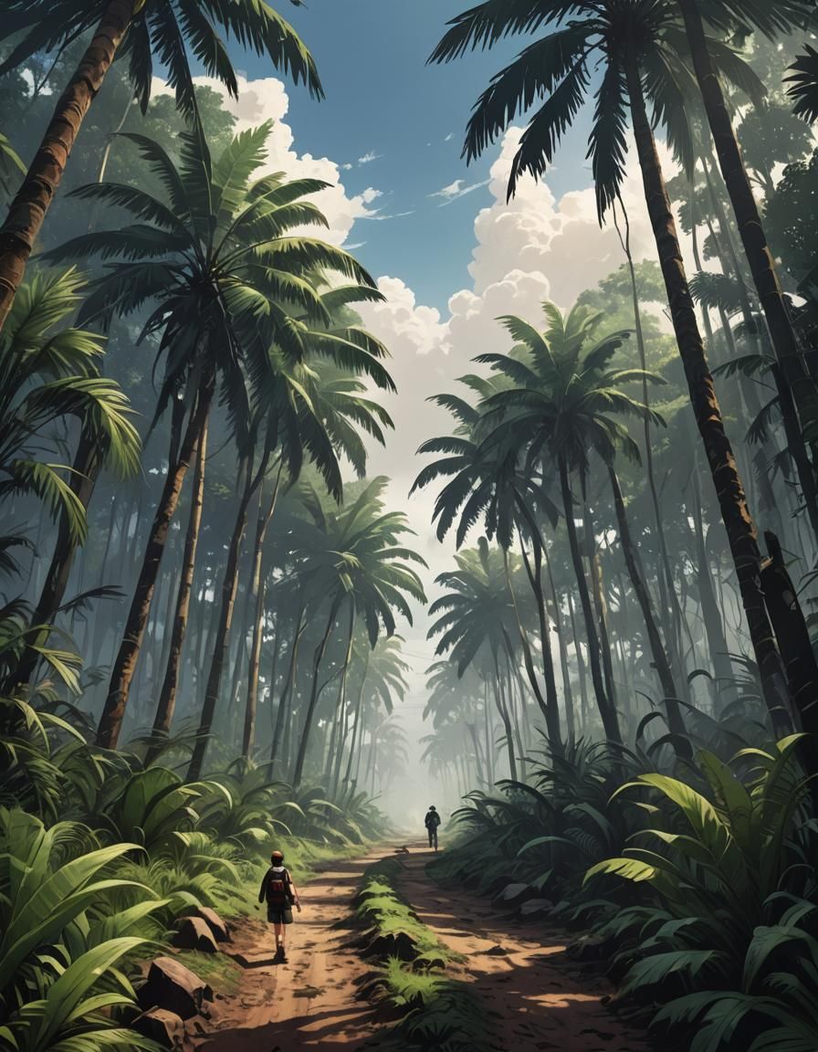 Misty Oil Palm Forest Path in Anime Style