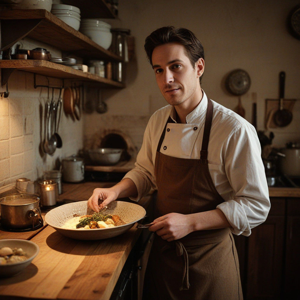 Rustic Mama Alania Chef in Warm Kitchen Cinematic Film Still