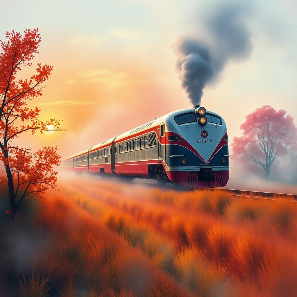 Mercury Train in Watercolor Landscape at Sunset
