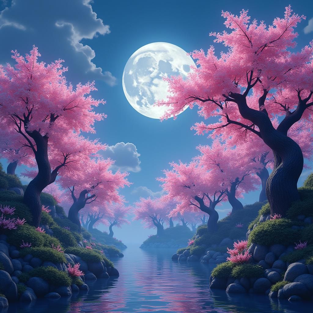 Japanese Cherry Blossoms in Moonlit Landscape
