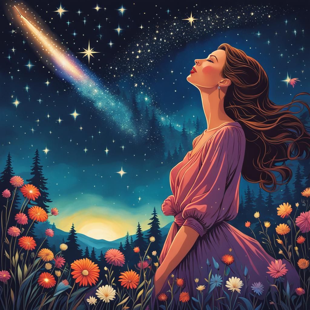 Woman Stargazing at Night Sky Illustration