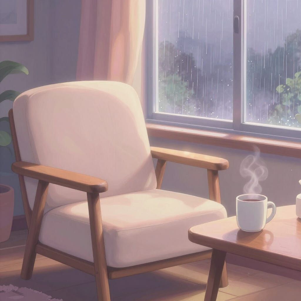 Cozy Lofi Rainy Day Scene with Steaming Mug