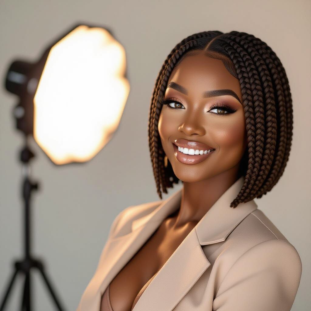 Black Woman Influencer with Micro-Braids in Chic Blazer