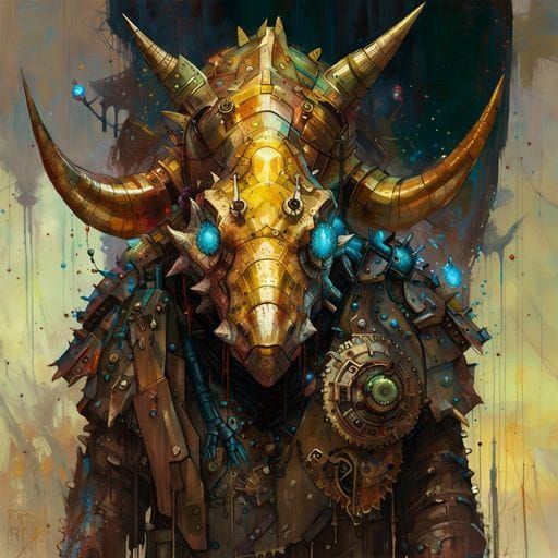 Golden Clockwork Triceratops in Armor: Detailed Sci-Fi Art