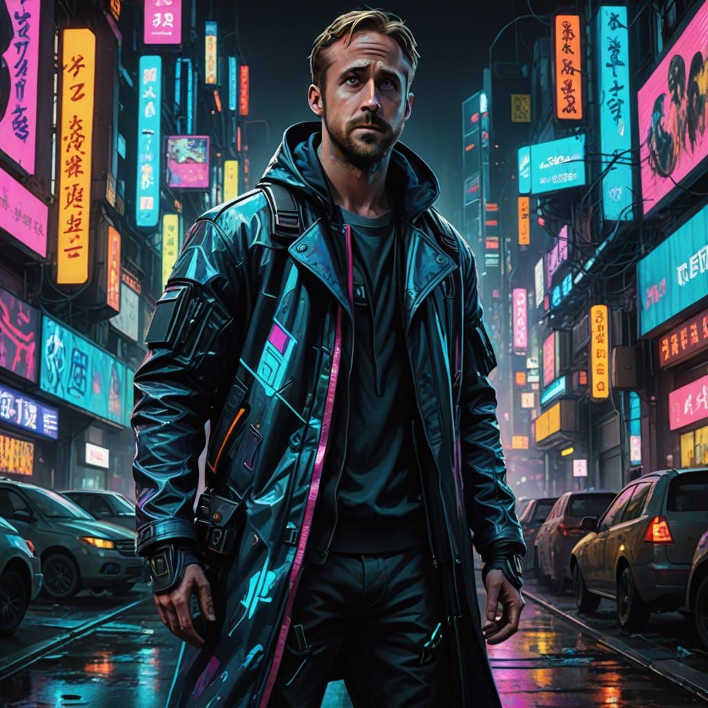 Cyberpunk Ryan Gosling in Neo-Tokyo