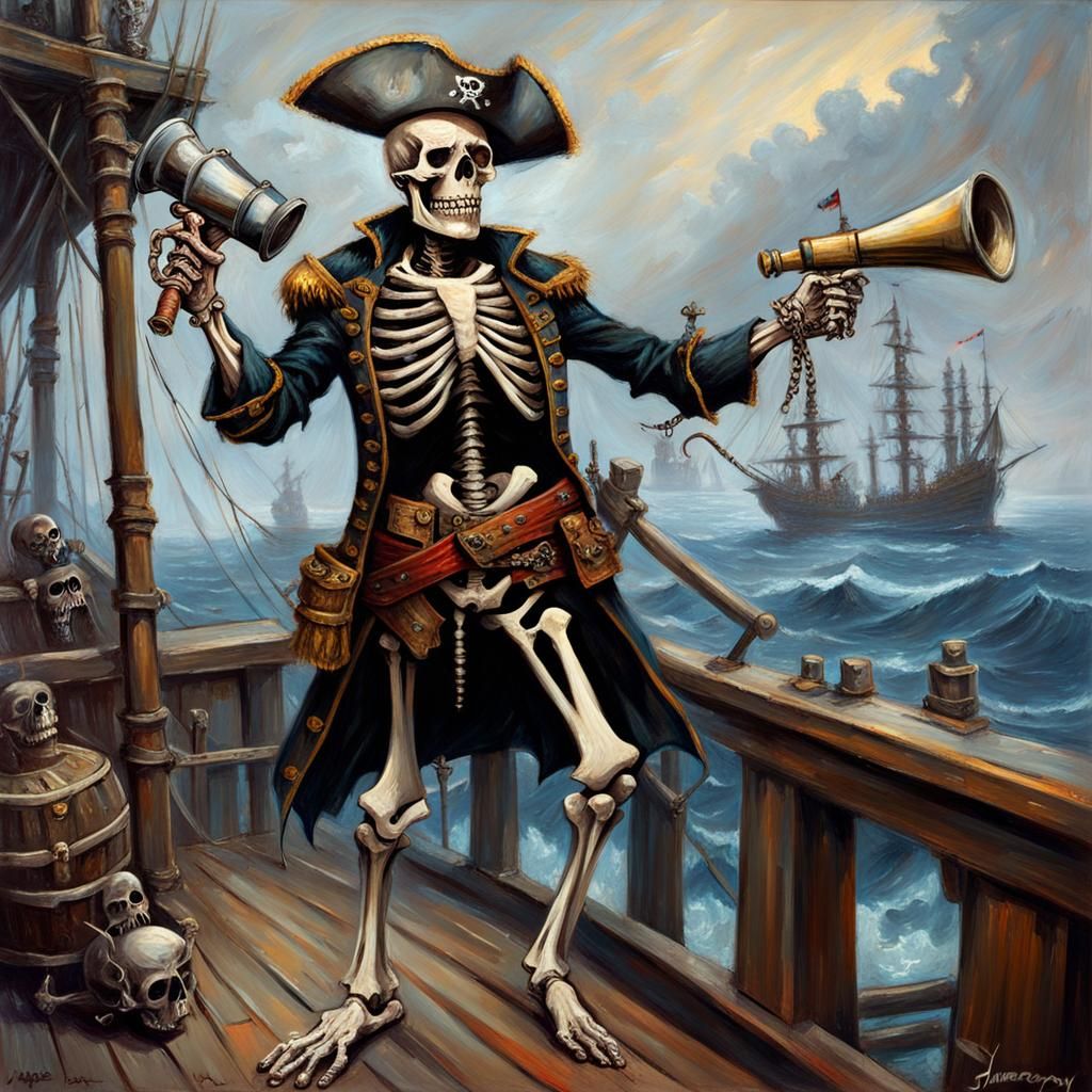 fantasy art
skeleton pirate on a pirate deck with a megaphon...