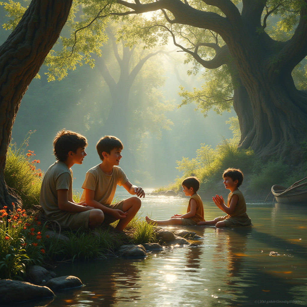 Boys Crafting Rafts by Riverbank in Morning Sun