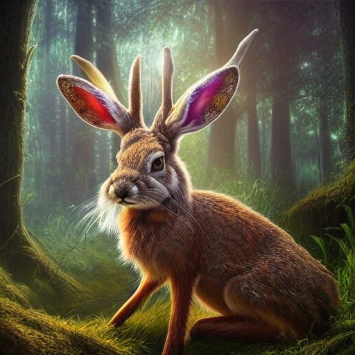 Detailed Jackalope in Mystical Forest at Sunset