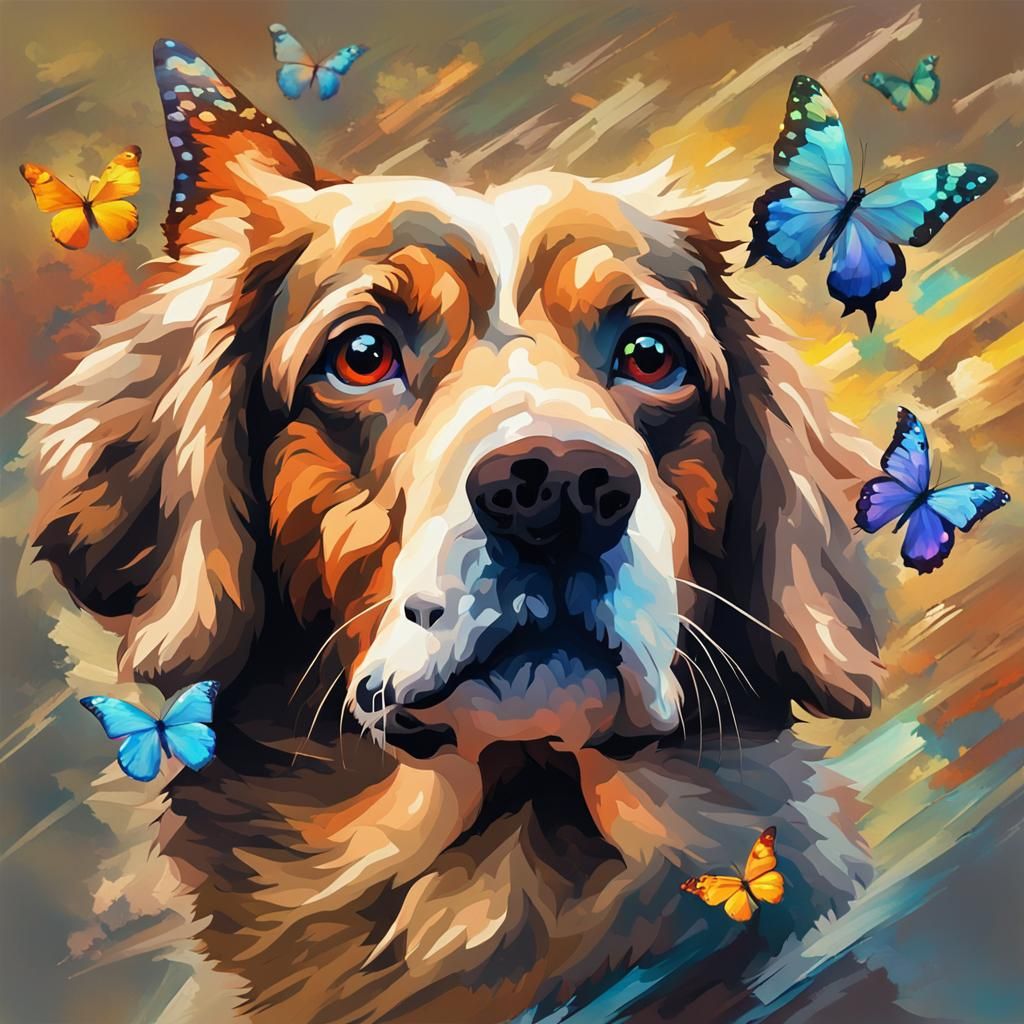 Prismatic Dog Flying Over Butterflies as Digital Oil Paintin...