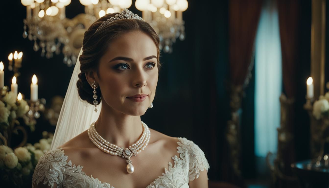 Bride with Gray Eyes in Lavish Realism-Style Setting