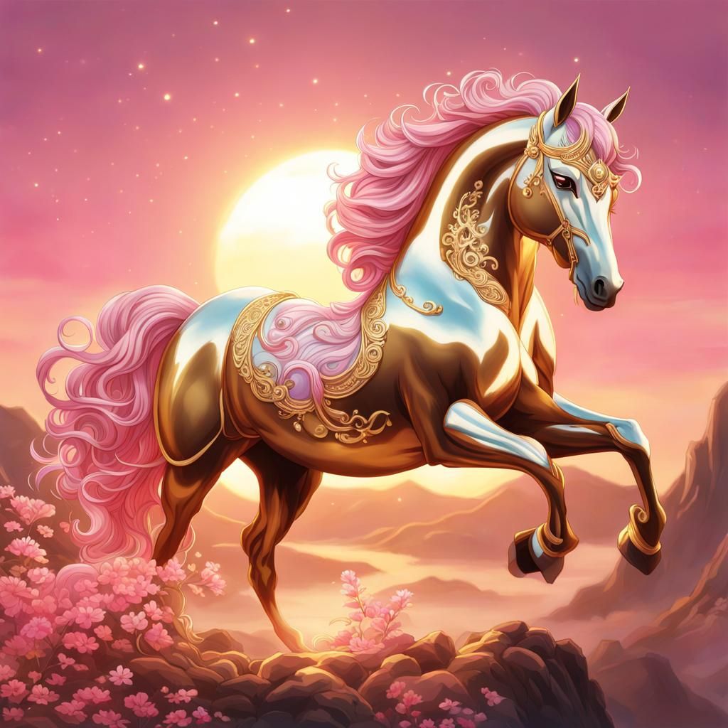 Golden Horse Meditating at Dawn in Anime Art Style