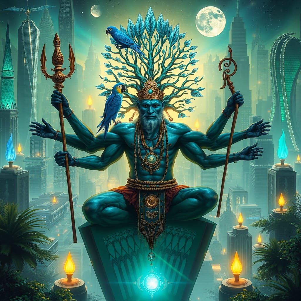 Blue Leopard Shaman in Dreamlike Metropolis