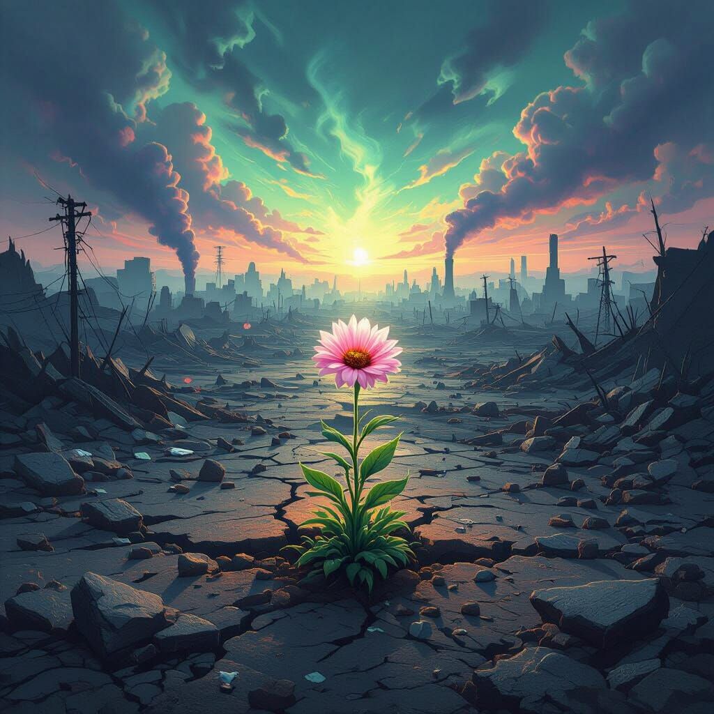 Resilient Flower Blooms in Apocalyptic Wasteland