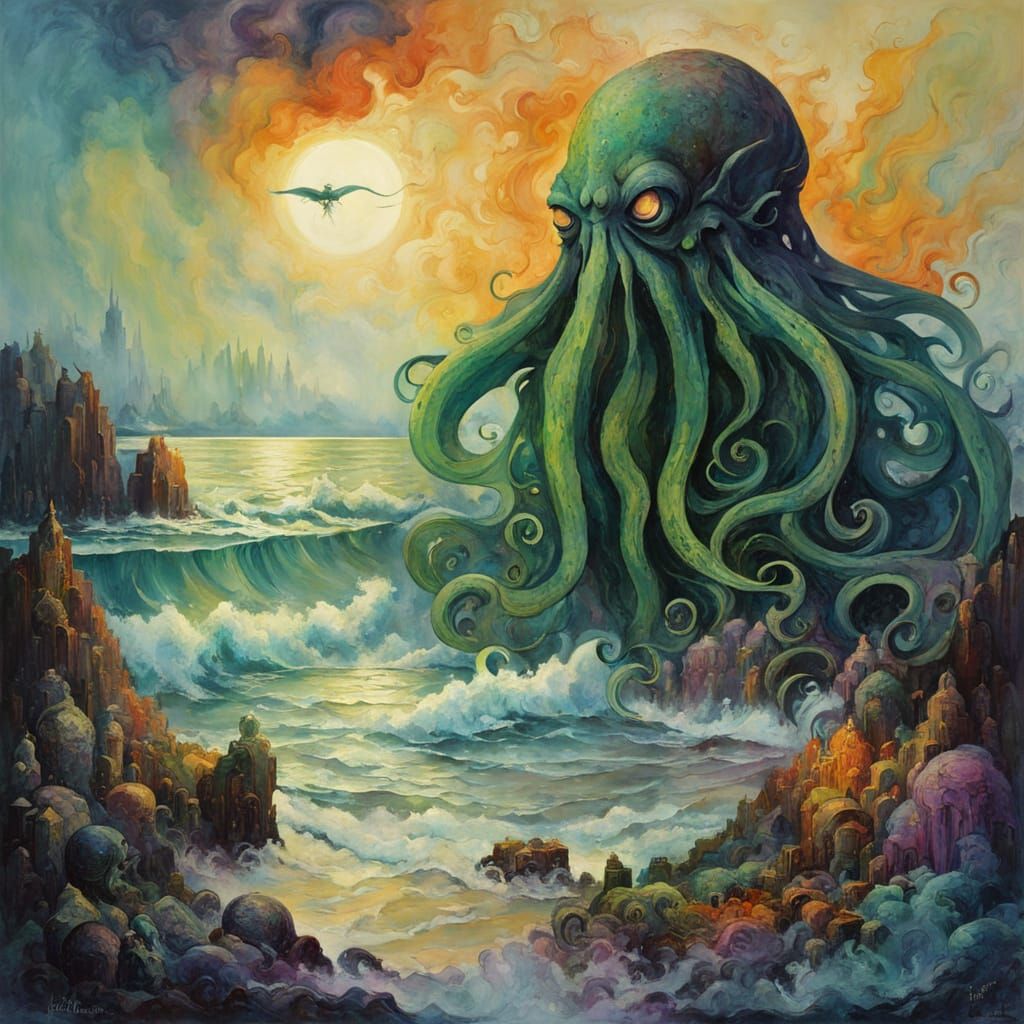 Cthulhu Emerges from Foggy Beach Dreamscapes in Surreal Alco...
