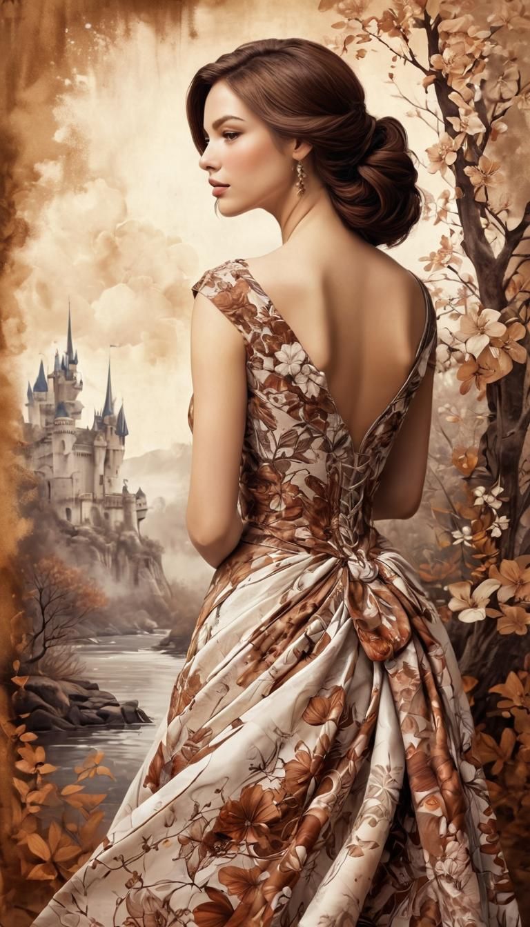 Elegant Woman in Fairytale Kingdom: Surreal Ink Art