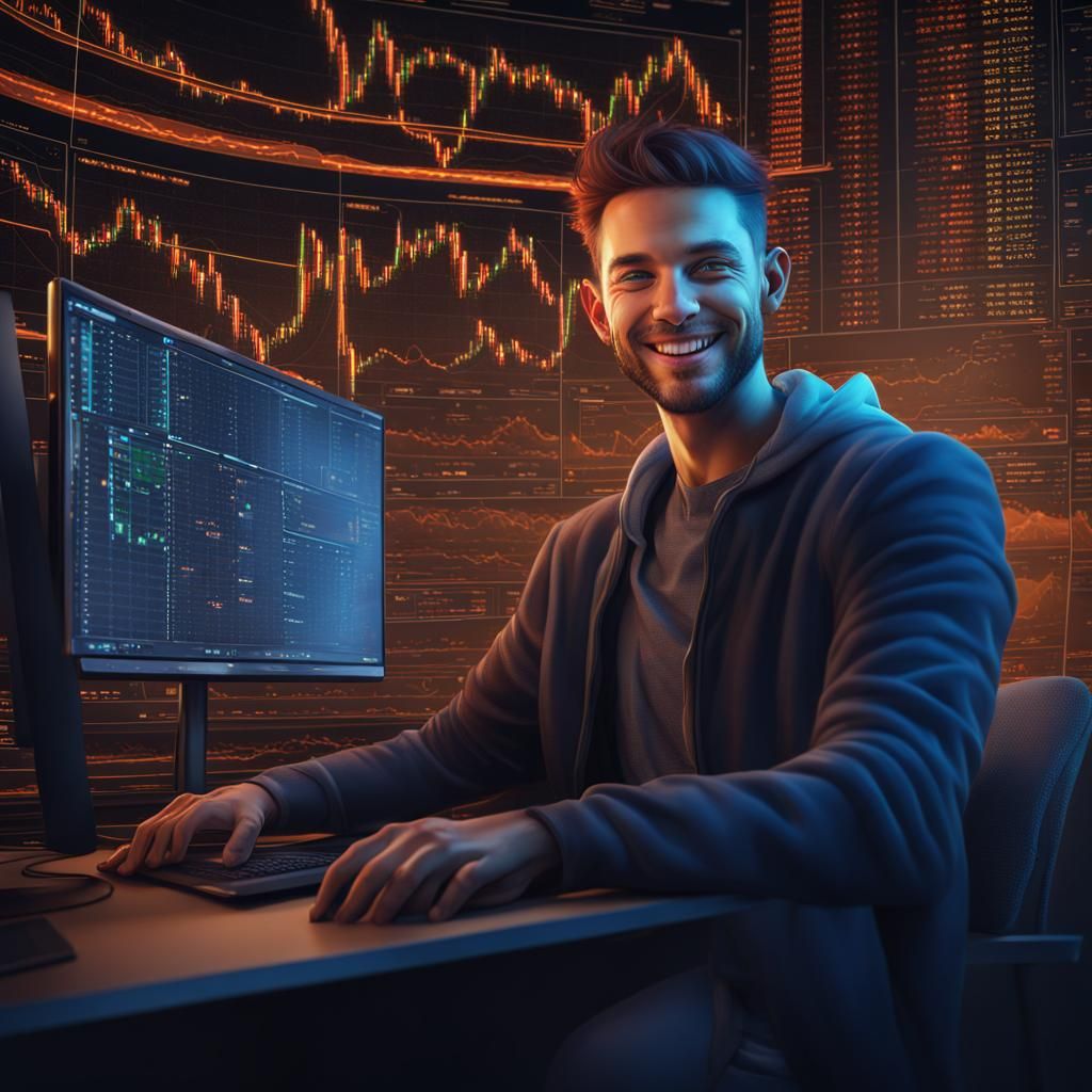 Happy Crypto Trader Surrounded by Charts: Digital Art