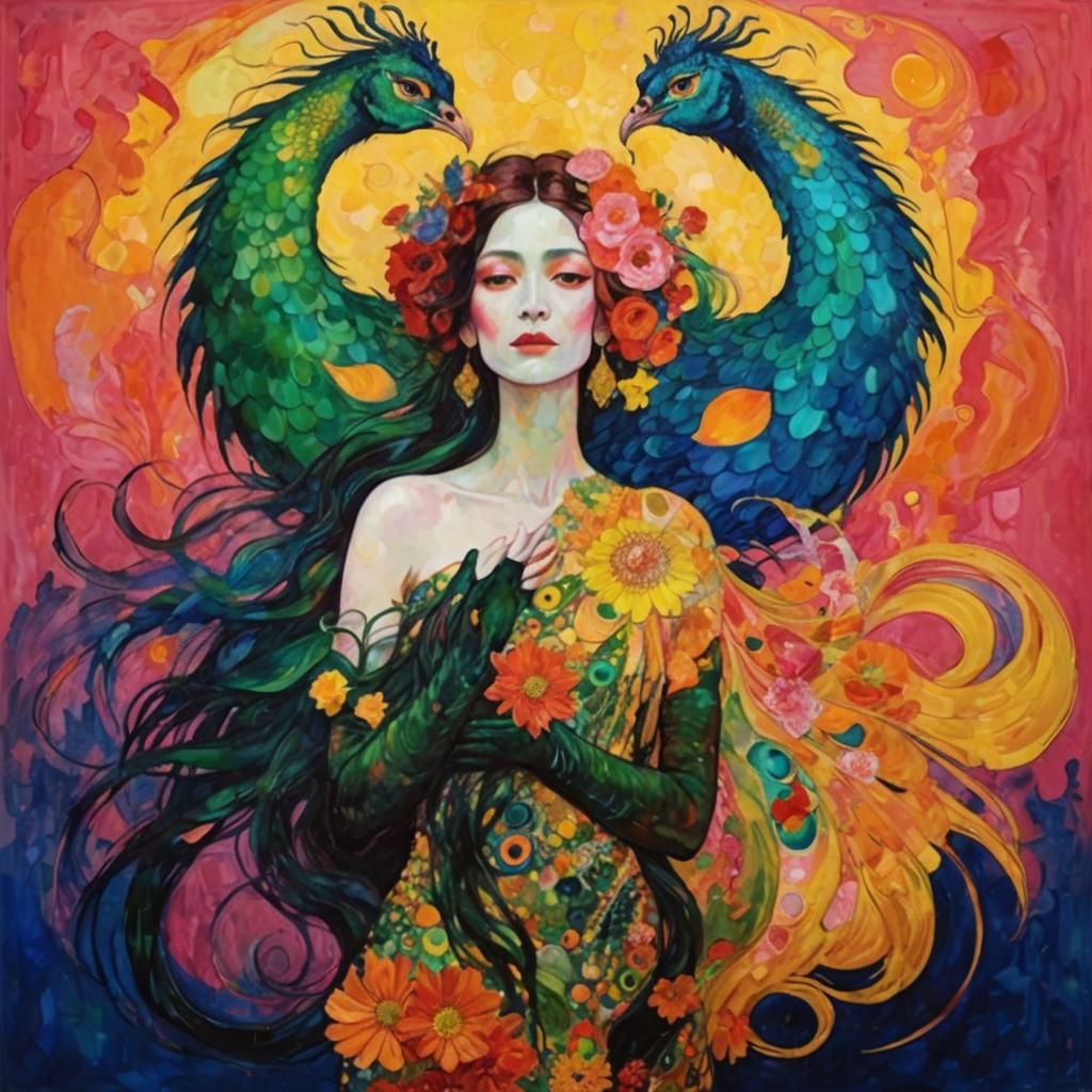 Dragon Peacock Woman in Abstract Expressionism Style