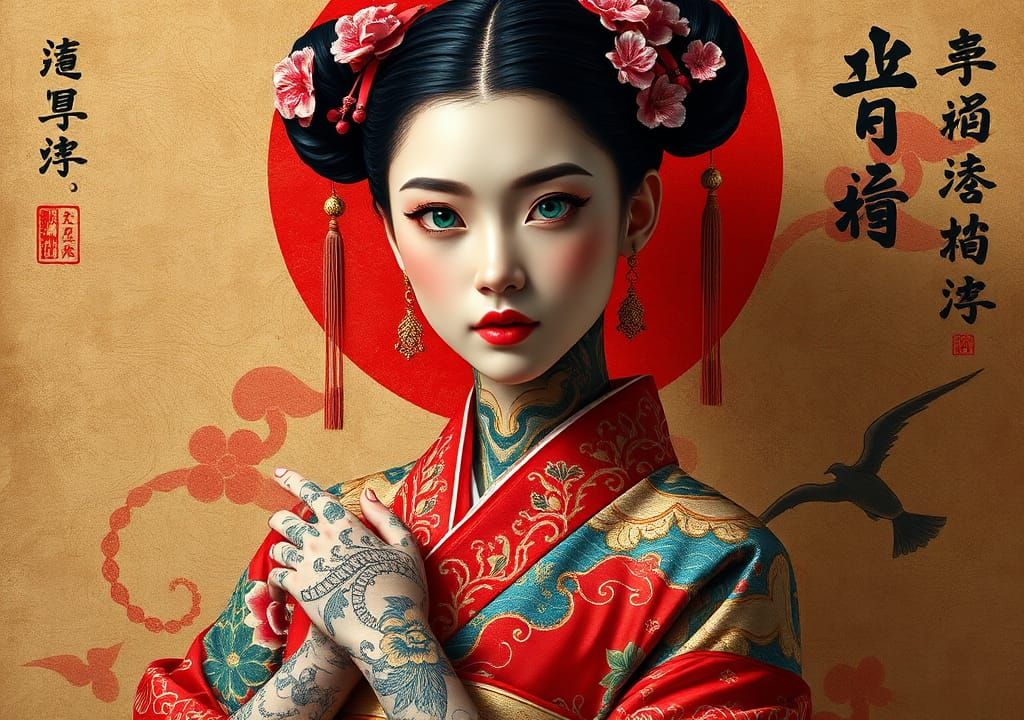 Woman with Tattoos in Japanese Art Style
