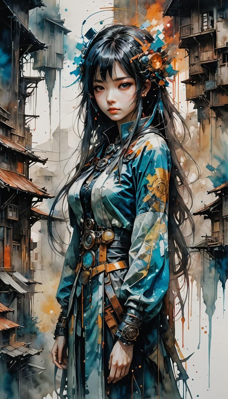 Futuristic Yumeko Jabami in Surreal Sci-Fi Village