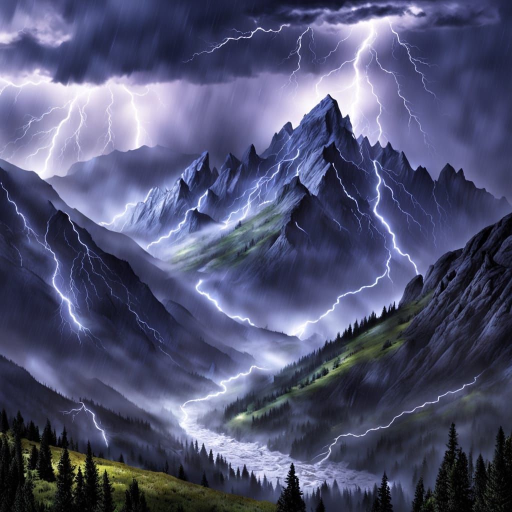 The mountains call a shattering storm, torrential rain,sky f...