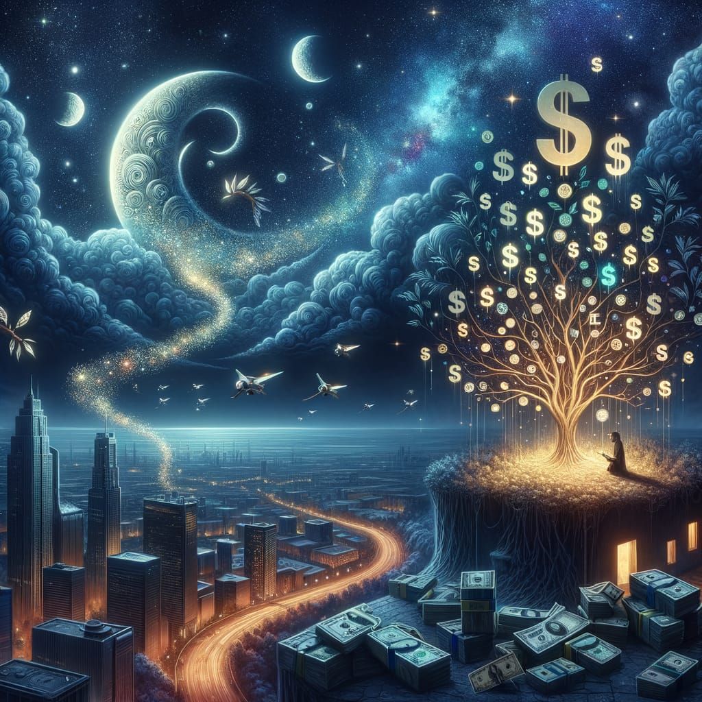 Money Tree Blooms Under Cityscape at Night