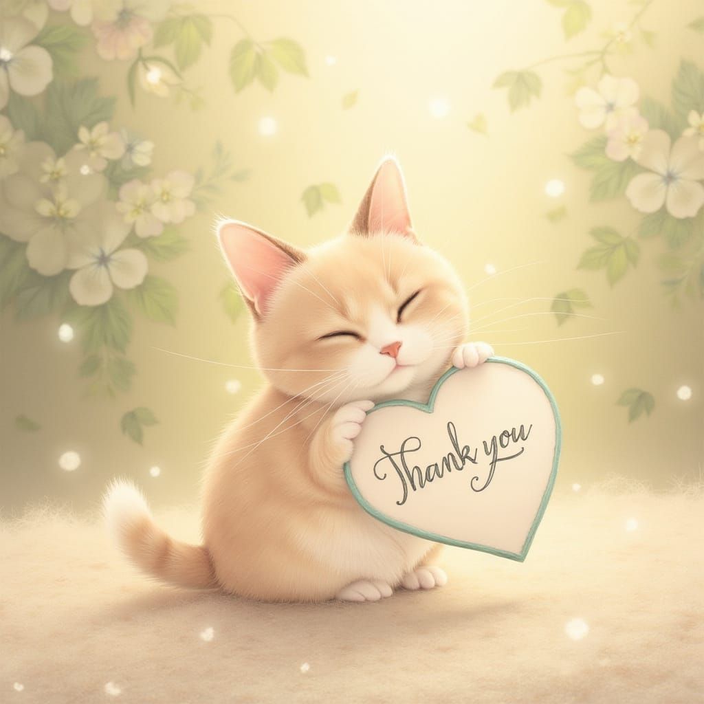 Tiny Pearl Cat Holding 'Thank You' Sign